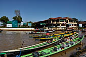 Inle Lake Myanmar. All the buildings are constructed on piles. Residents travel around by canoe, but there are also bamboo walkways and bridges over the canals, monasteries and stupas. 